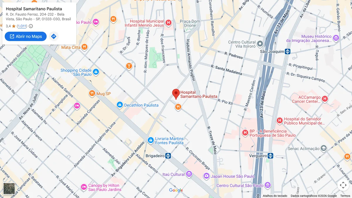 Mapa mostrando o Hospital Samaritano Paulista na Rua Dr. Fausto Ferraz, na Bela Vista, e a estação Brigadeiro do metrô nas proximidades